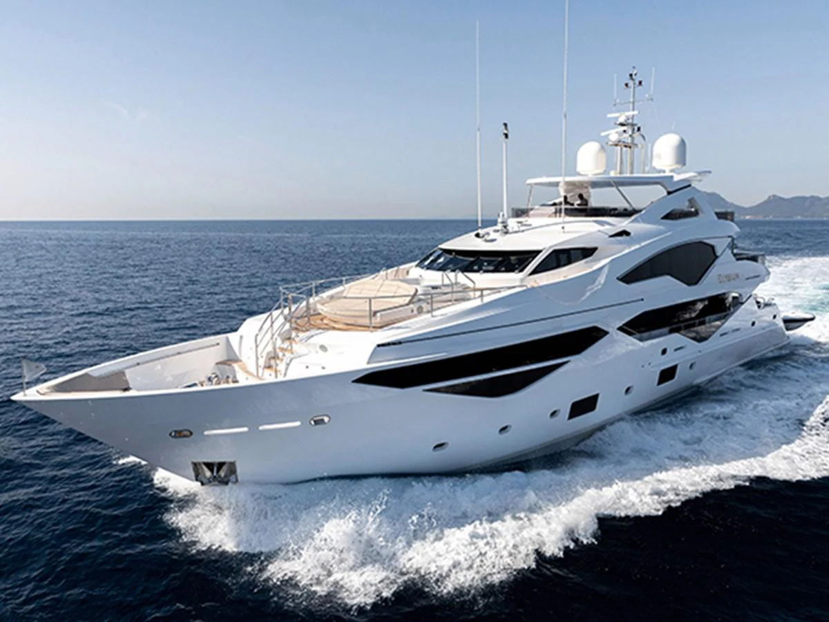 a white yacht on the water aboard ELYSIUM Yacht for Sale