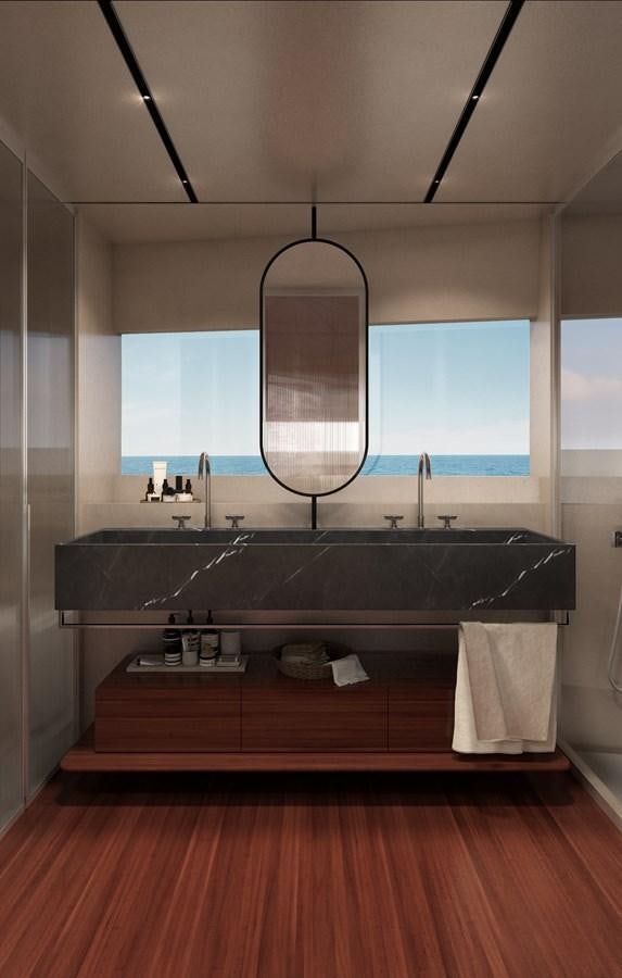 a bathroom with a large mirror aboard BGM75/05 Yacht for Sale