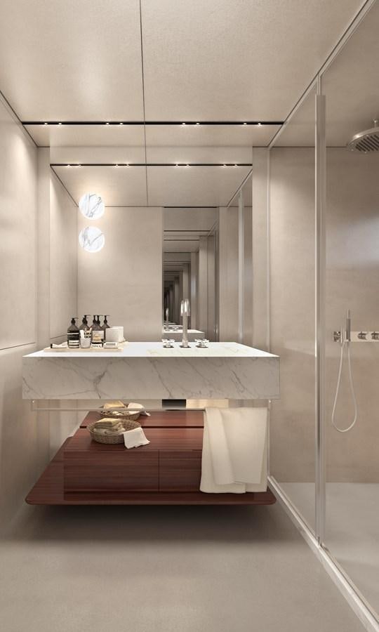 a bathroom with a countertop sink and a mirror aboard BGM75/05 Yacht for Sale