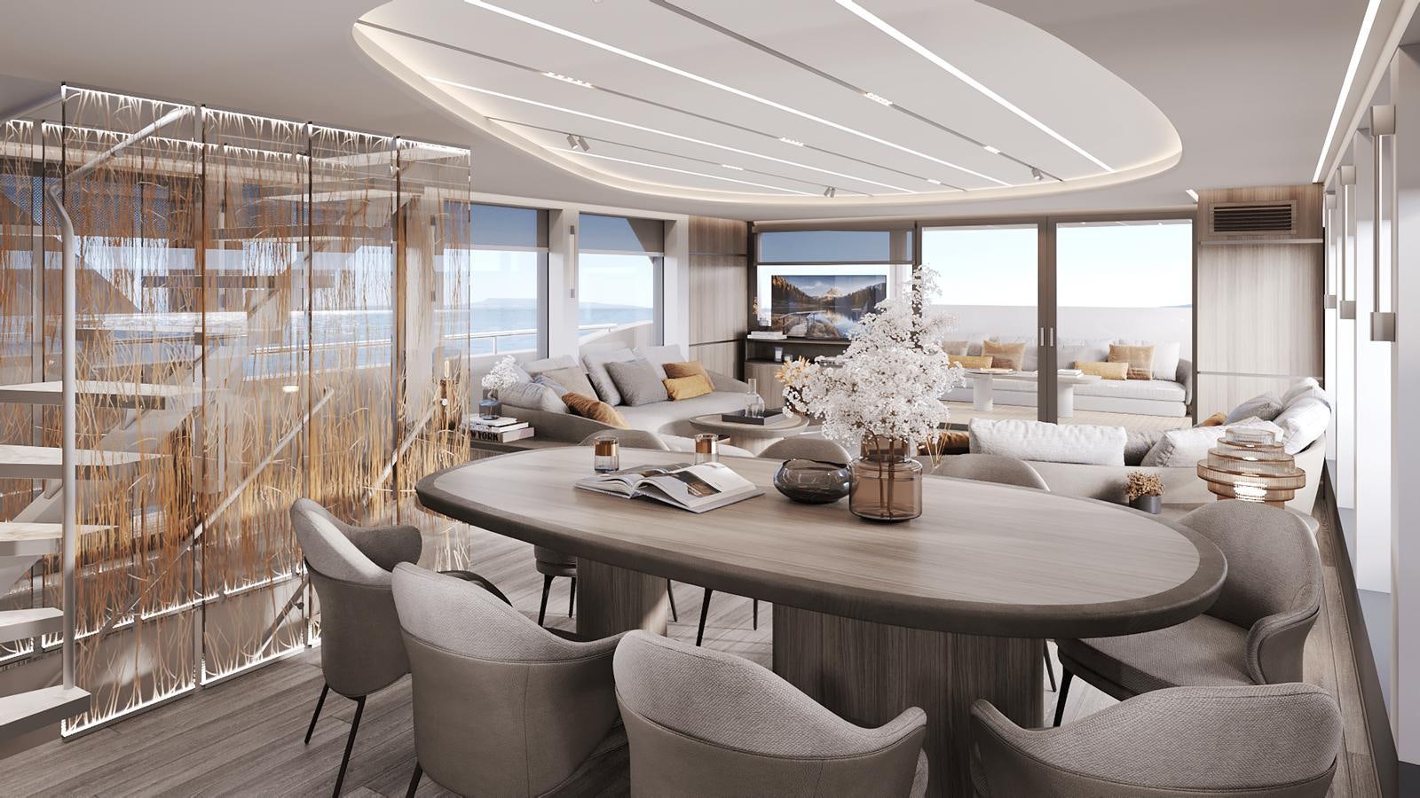 a living room with a large glass wall aboard BERING Yacht for Sale
