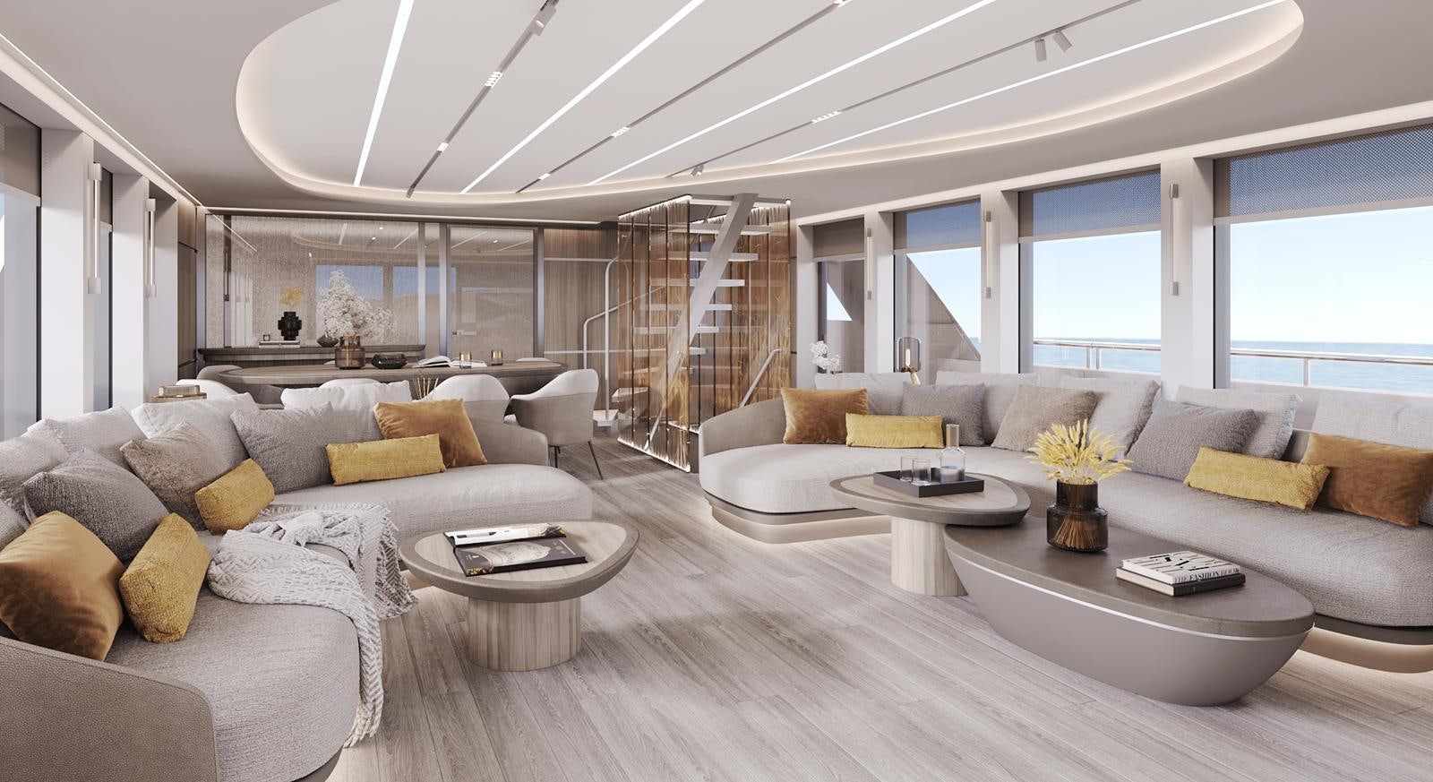 a living room with a large white couch and a large window aboard BERING Yacht for Sale