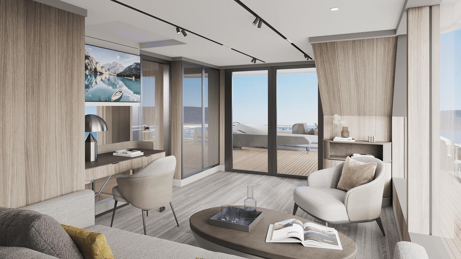 a room with a couch and a table and a window aboard BERING Yacht for Sale