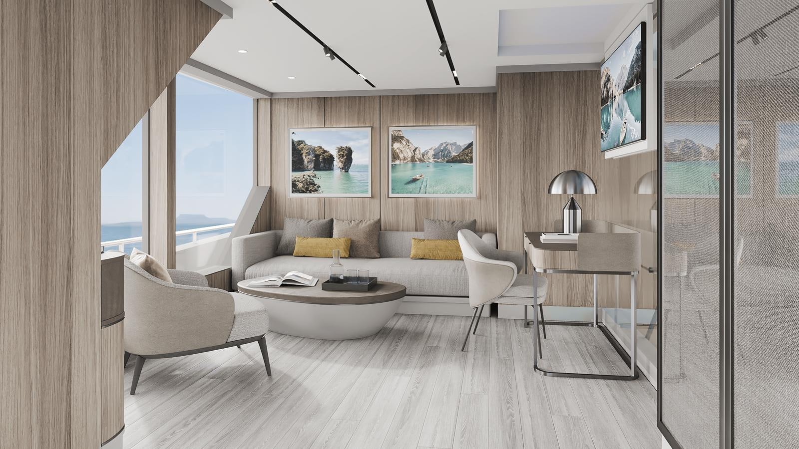 a living room with a large window aboard BERING Yacht for Sale