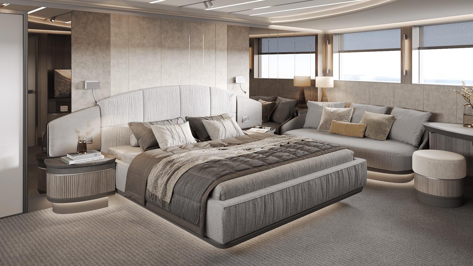 a large bed in a room aboard BERING Yacht for Sale