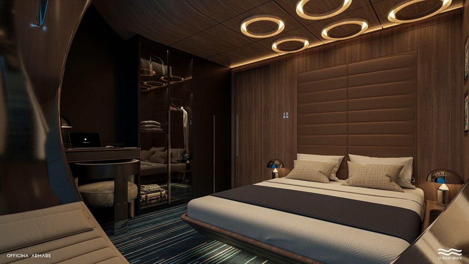 a room with a bed and a desk aboard NAUTILUS Yacht for Sale