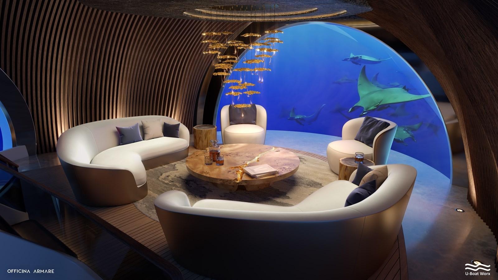 a room with a large blue globe and a white chair aboard NAUTILUS Yacht for Sale