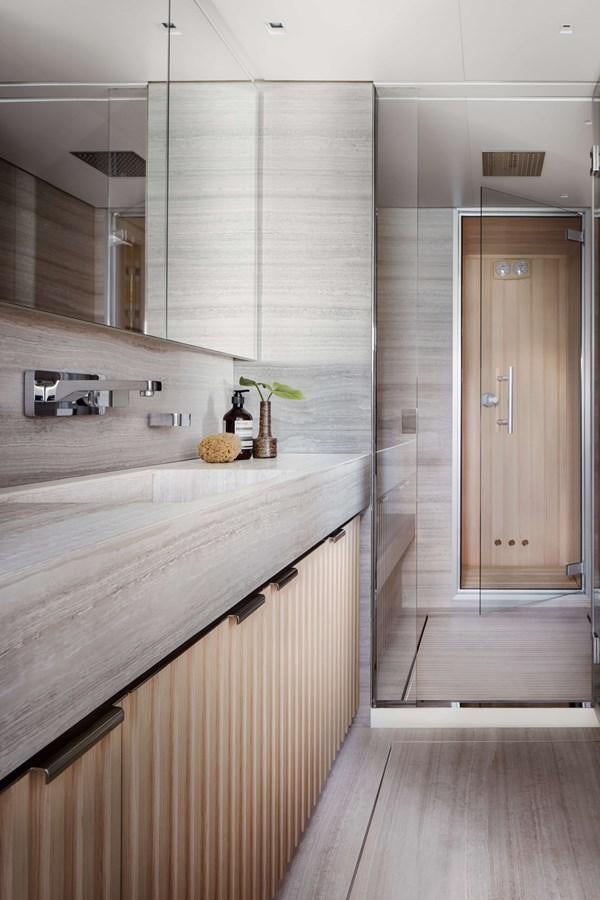 a kitchen with a large countertop aboard COOL Yacht for Sale