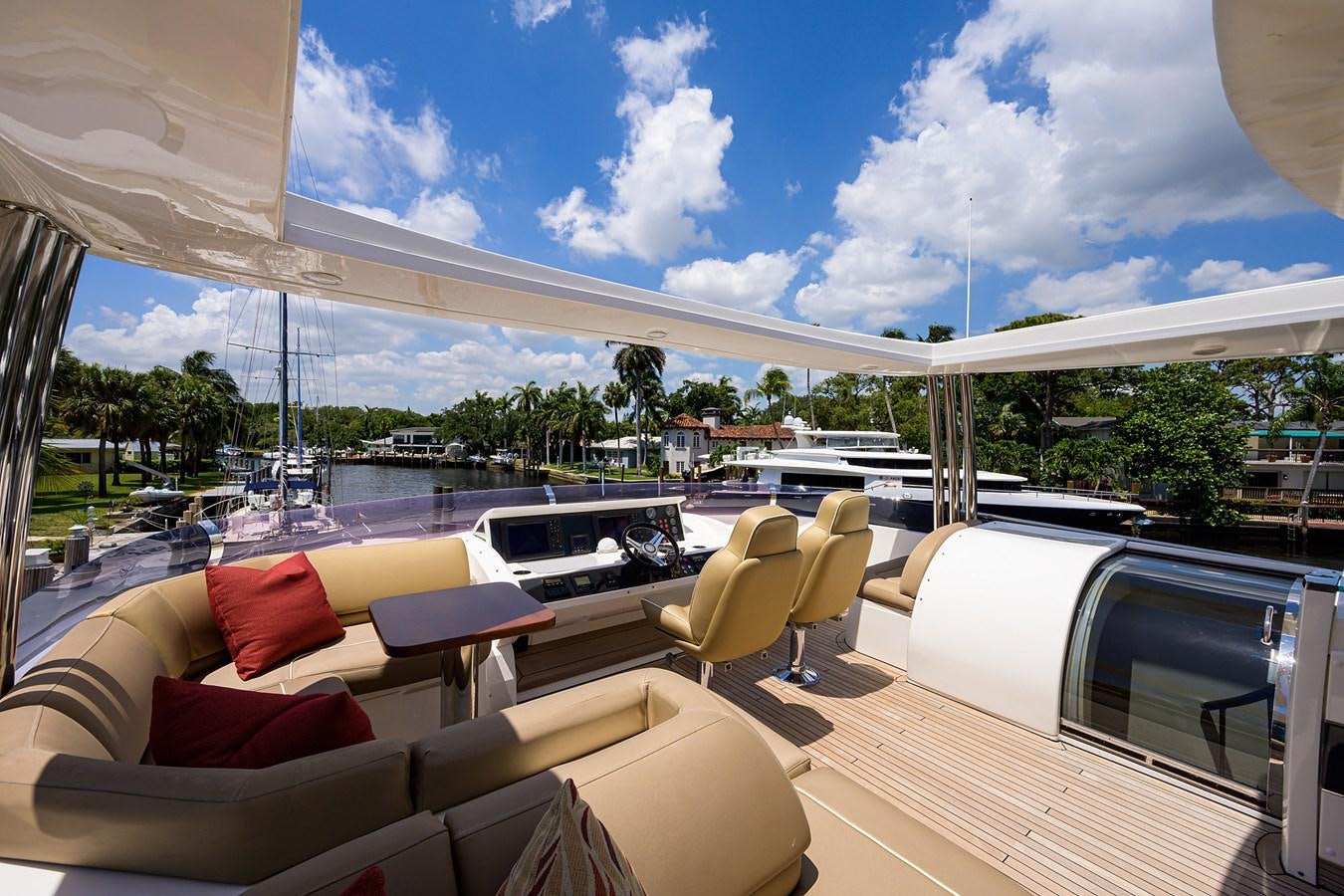 a deck with a view of the water and trees aboard FREUDIAN SLIP Yacht for Sale