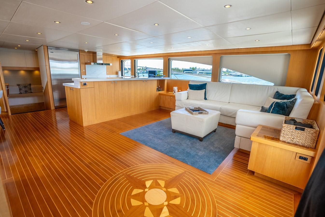 a living room with a large window aboard GATO BLANCO Yacht for Sale