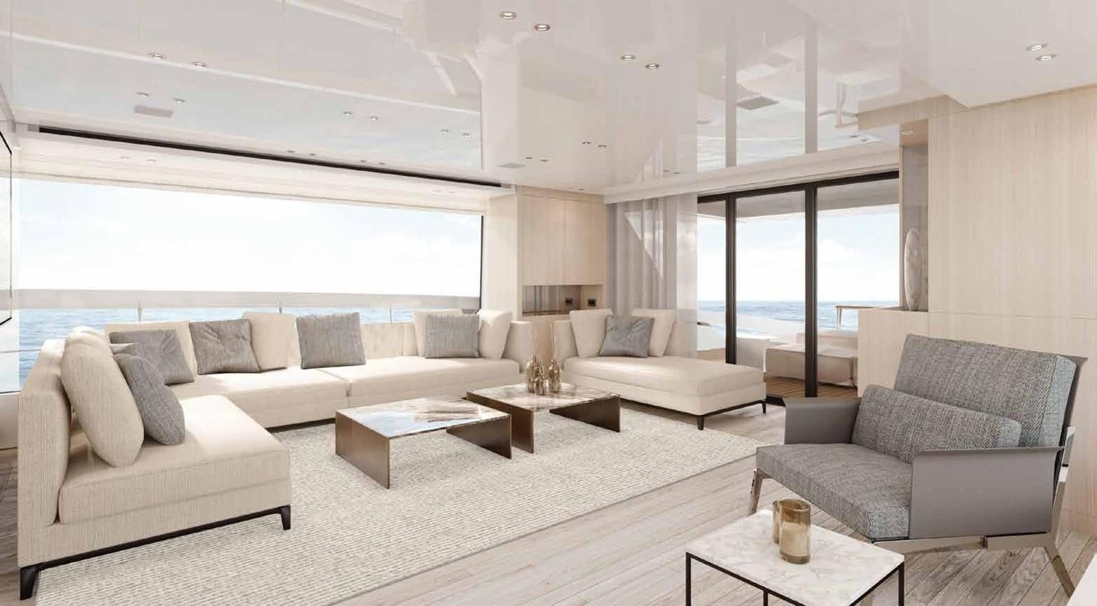 a living room with a large window aboard OMNIA Yacht for Sale