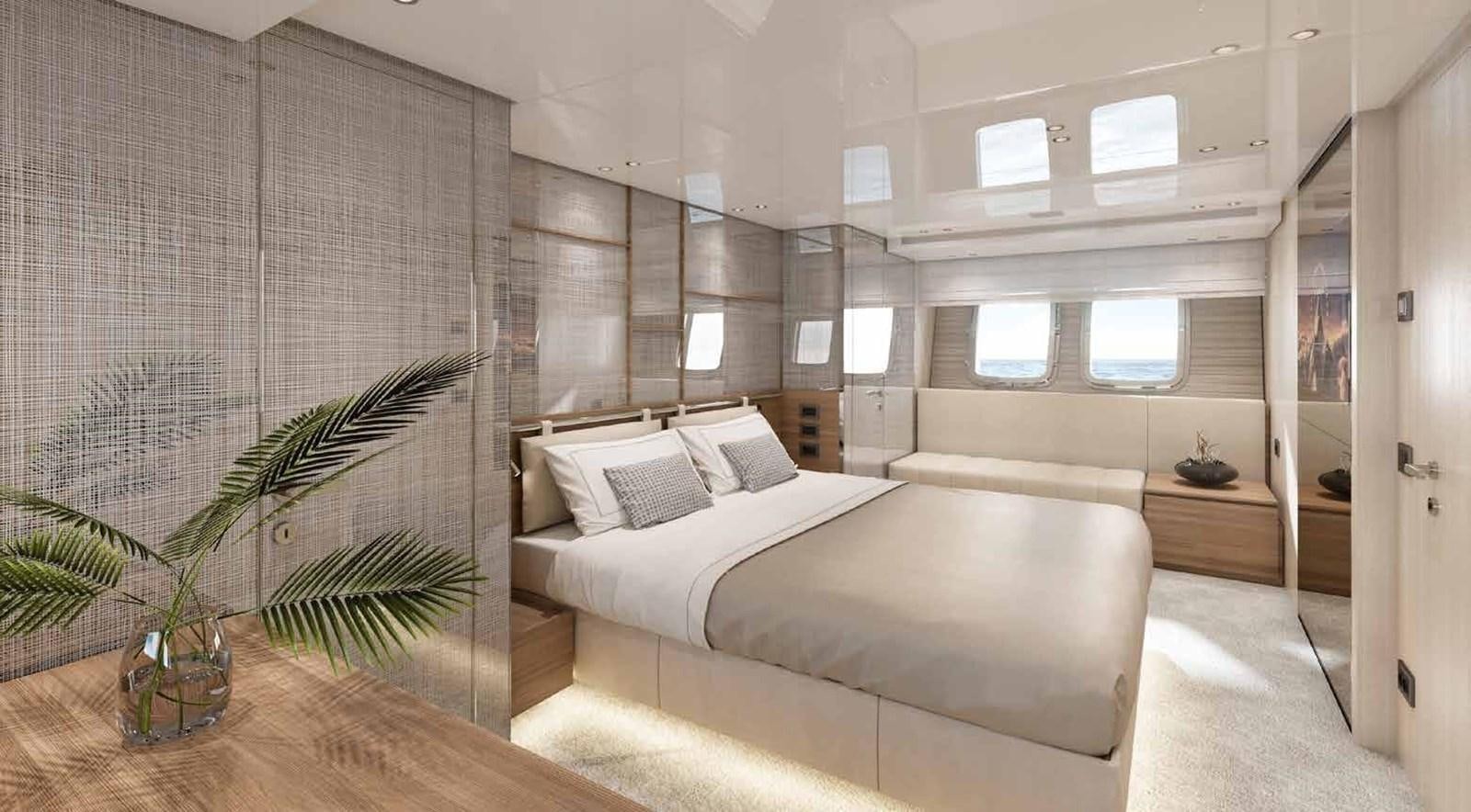 a room with a bed and a plant aboard OMNIA Yacht for Sale