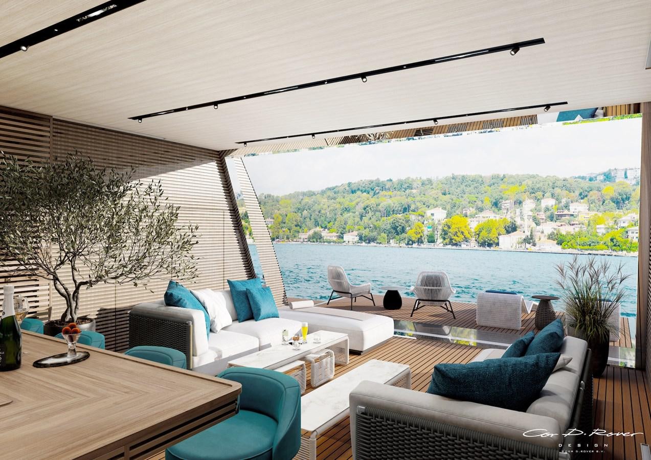 a room with a table chairs and a view of a city aboard HORIZON Yacht for Sale