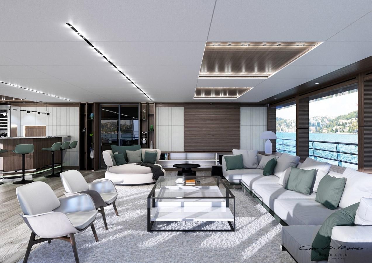 a living room with a large window aboard HORIZON Yacht for Sale