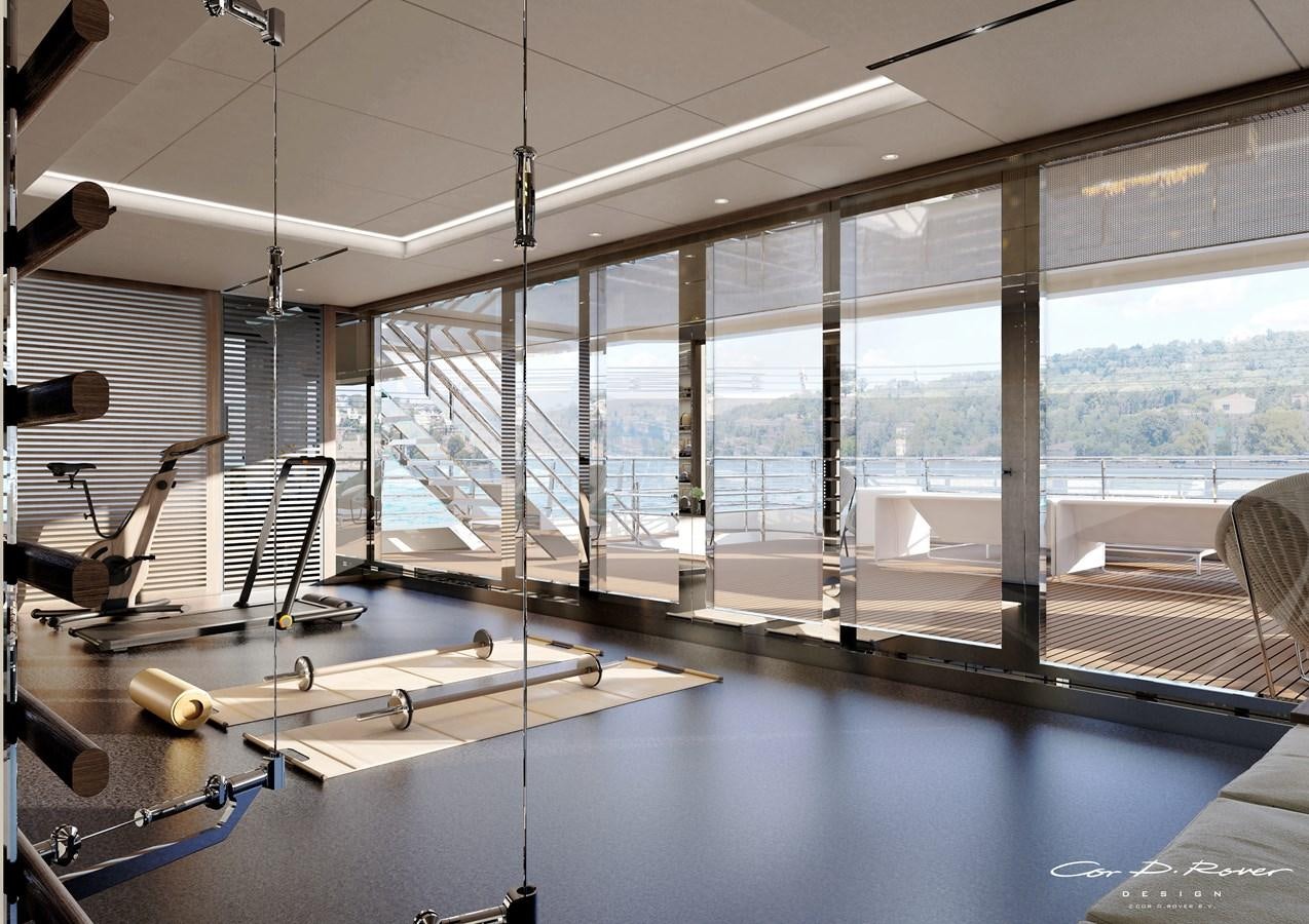 a room with a large window and a view of a city aboard HORIZON Yacht for Sale