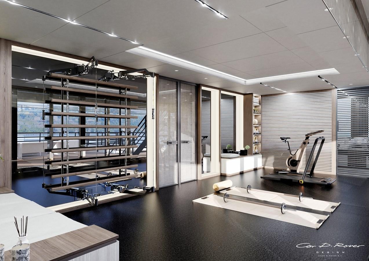 a room with a large mirror and a large display of equipment aboard HORIZON Yacht for Sale