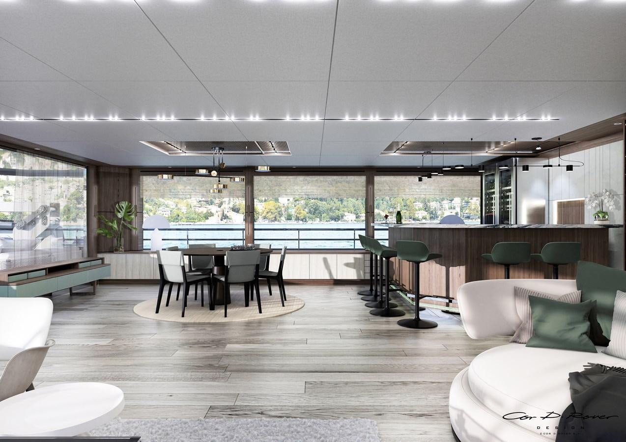 a room with a table chairs and a large window aboard HORIZON Yacht for Sale