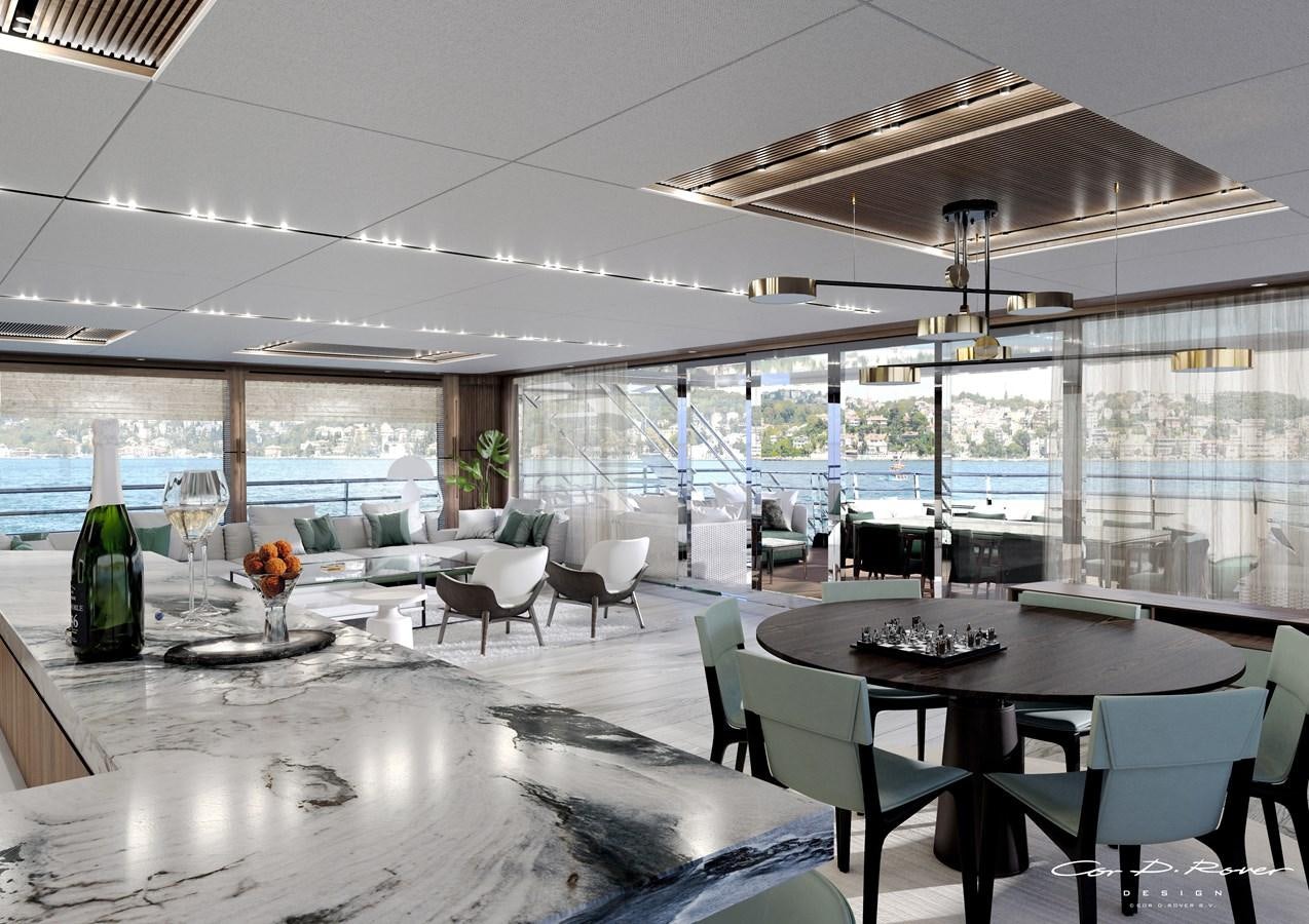a room with a table and chairs aboard HORIZON Yacht for Sale