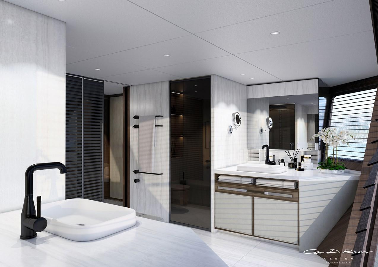 a bathroom with a sink and a shower aboard HORIZON Yacht for Sale