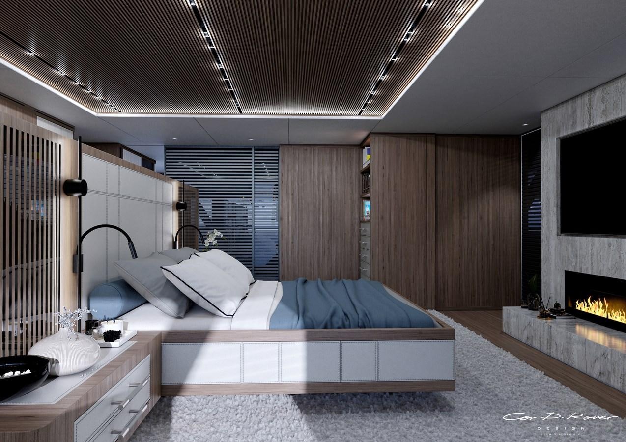 a room with a bed and a large window aboard HORIZON Yacht for Sale