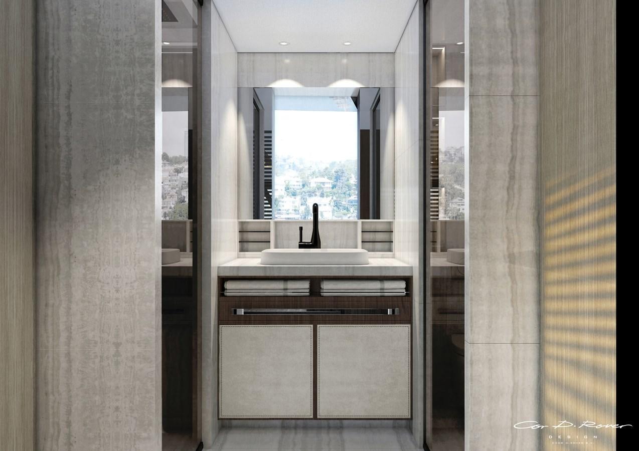 a bathroom with a large window aboard HORIZON Yacht for Sale