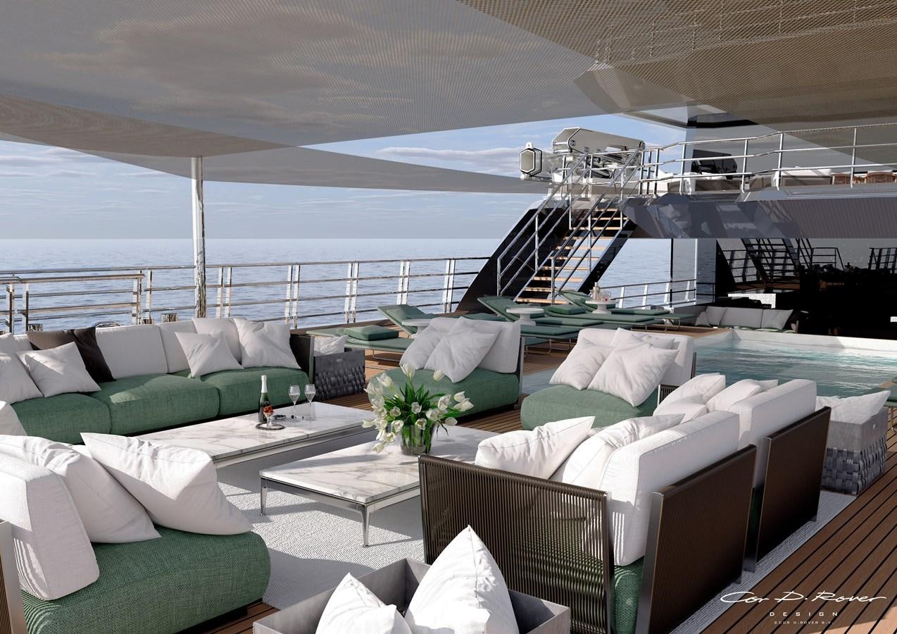 a boat with a couch and a table in the middle aboard HORIZON Yacht for Sale