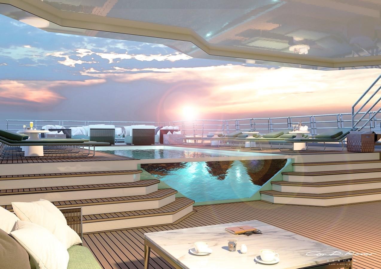 a pool next to a large building aboard HORIZON Yacht for Sale