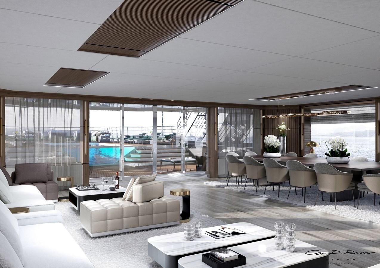 a living room with a large window aboard HORIZON Yacht for Sale