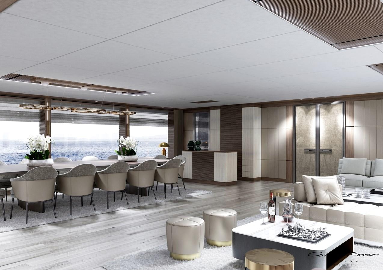 a modern living room with a large window aboard HORIZON Yacht for Sale