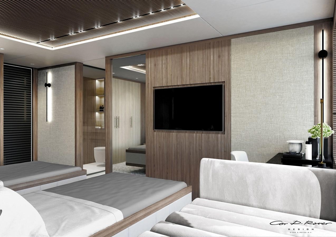 a room with a bed and a television aboard HORIZON Yacht for Sale