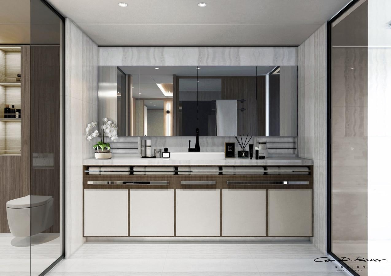 a bathroom with a large mirror aboard HORIZON Yacht for Sale