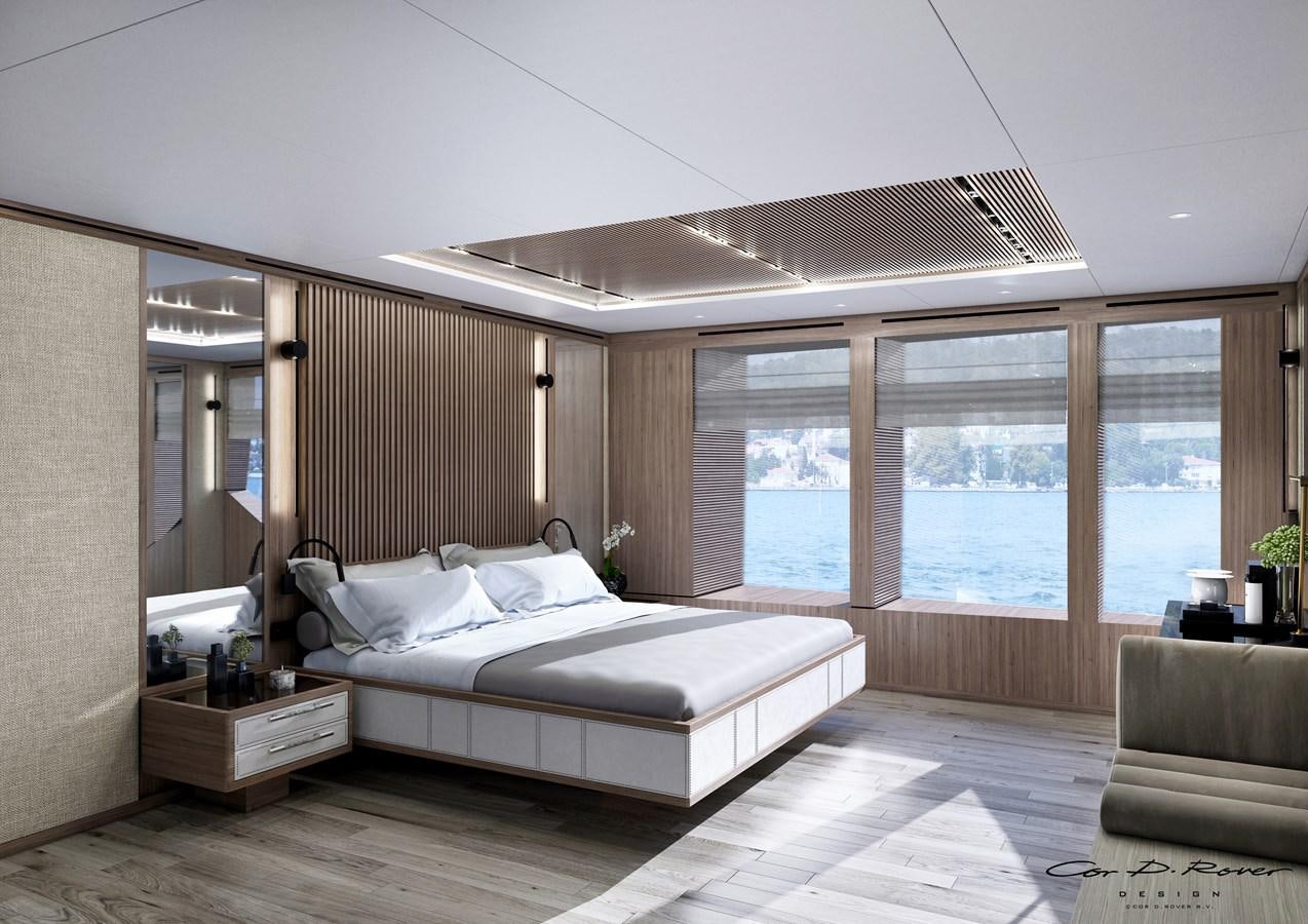 a large bedroom with a large window aboard HORIZON Yacht for Sale