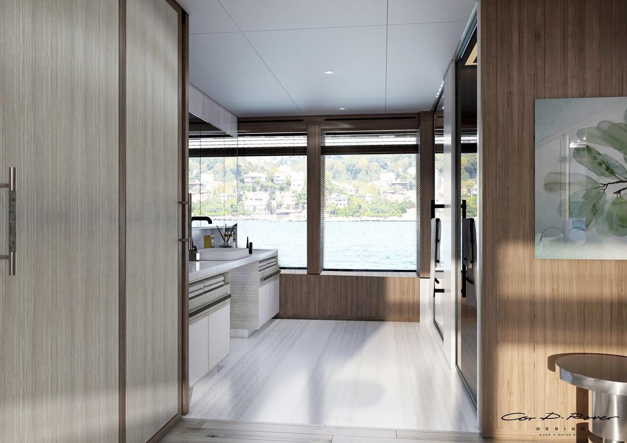 a large bathroom with a large window aboard HORIZON Yacht for Sale