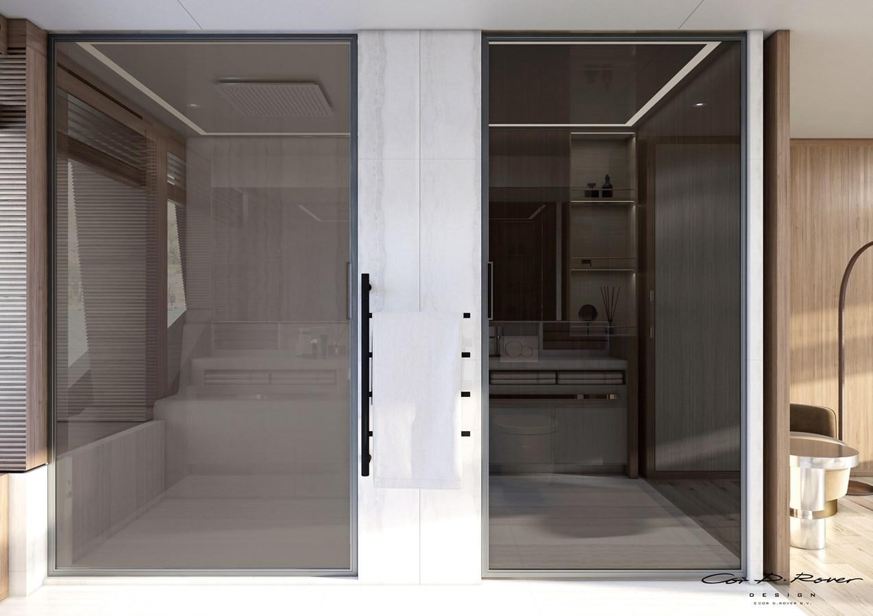 a room with a glass door aboard HORIZON Yacht for Sale