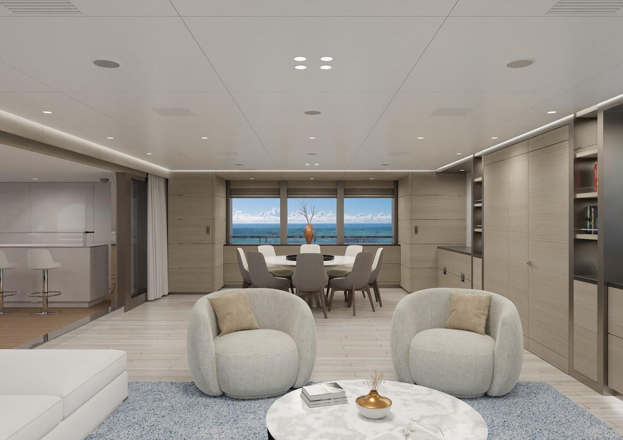 a room with a table chairs and a tv aboard SILVERCAT Yacht for Sale