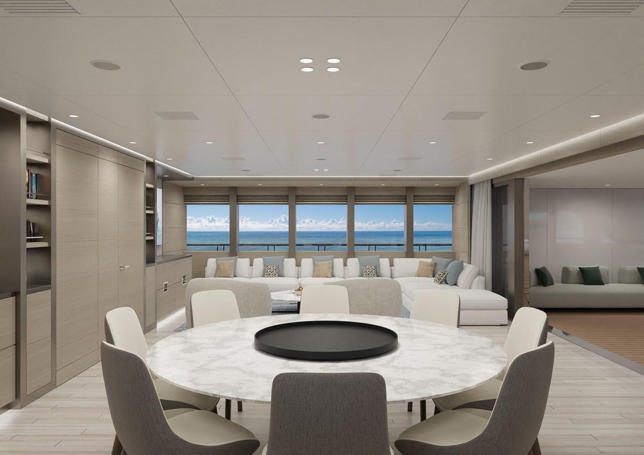 a room with a table chairs and a large window aboard SILVERCAT Yacht for Sale