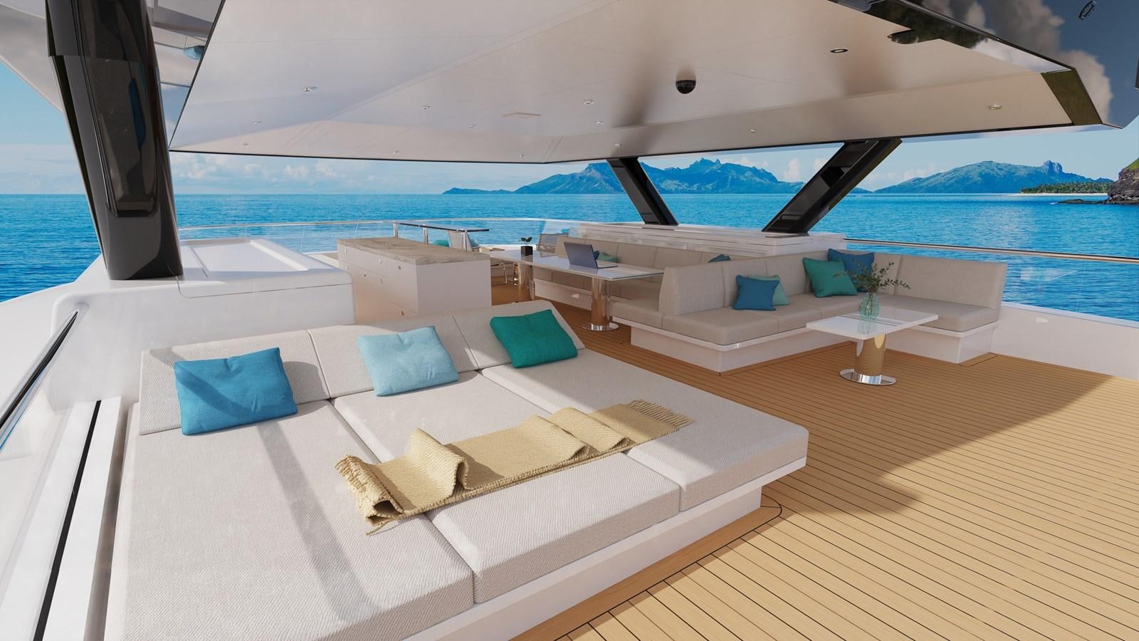 a room with a bed and a table on it aboard SILVERCAT Yacht for Sale