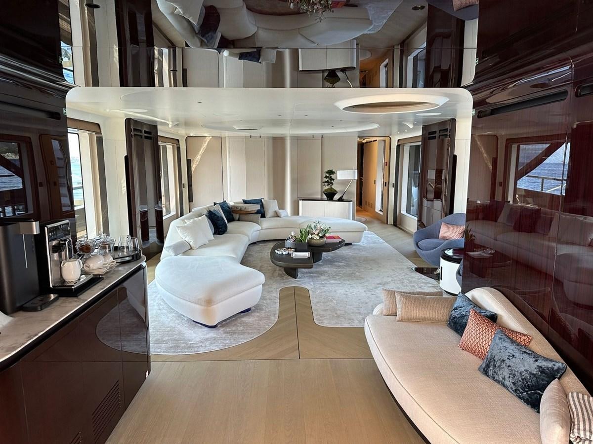 a living room with a large open floor plan aboard NG Yacht for Sale