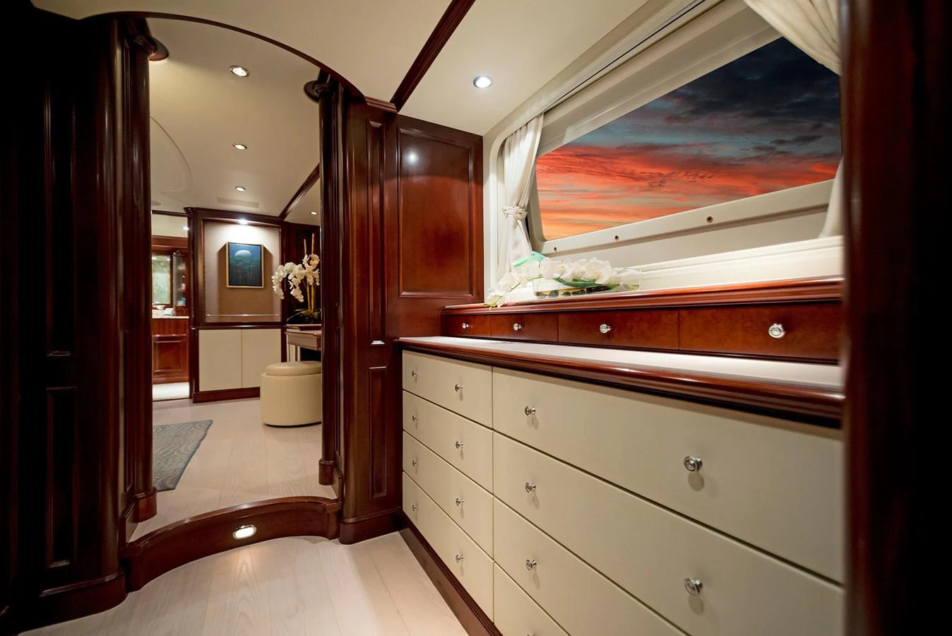 a bathroom with a large mirror aboard GITANA Yacht for Sale