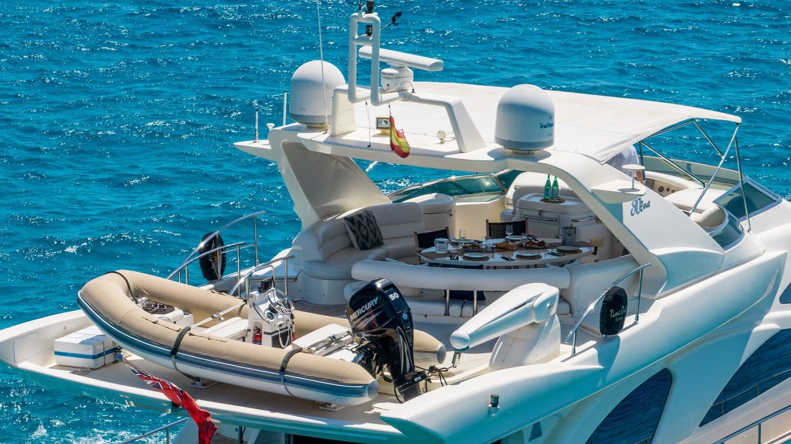 a white boat with a person in it aboard TIME OUT OF LONDON Yacht for Sale