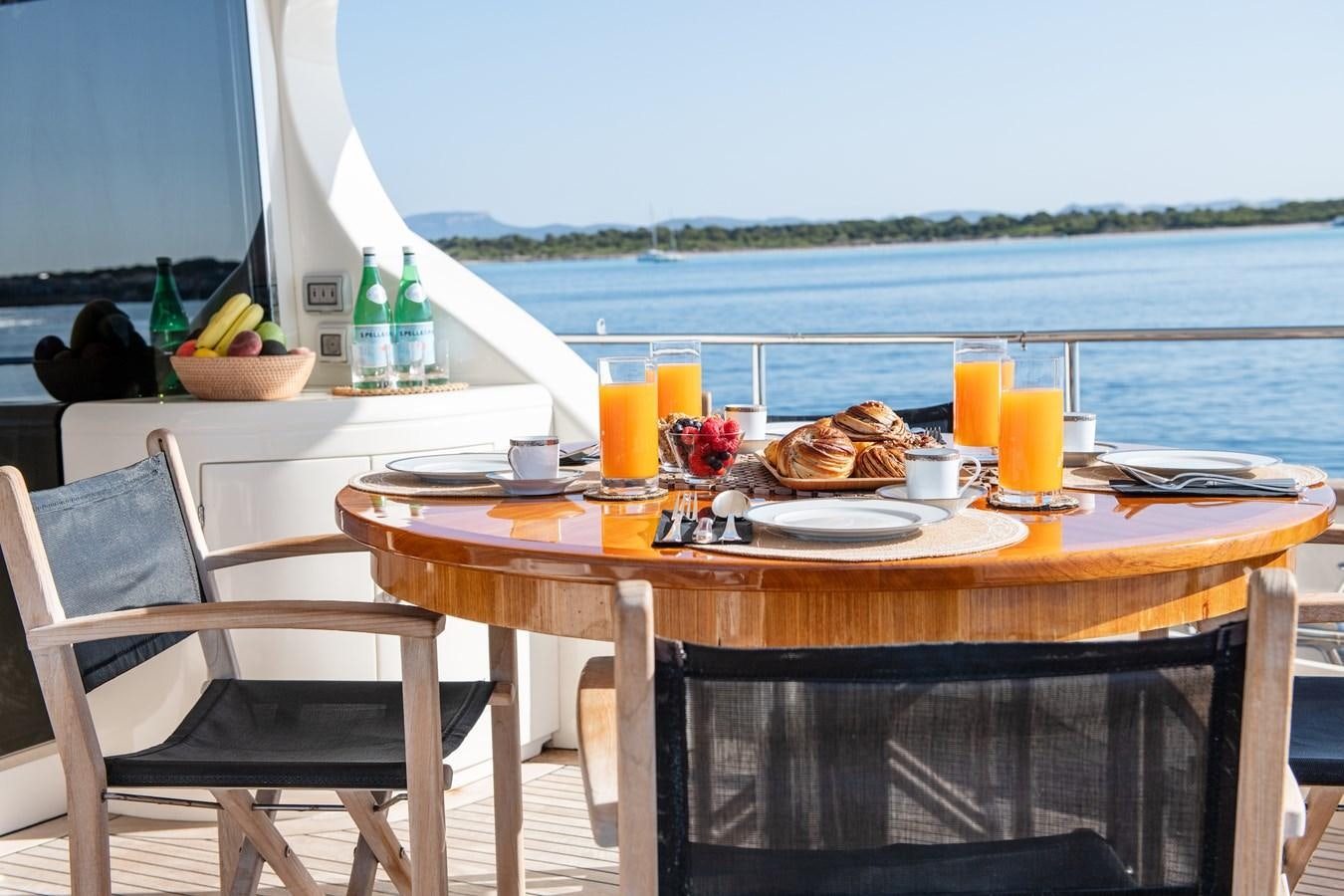 a table with food on it aboard TIME OUT OF LONDON Yacht for Sale