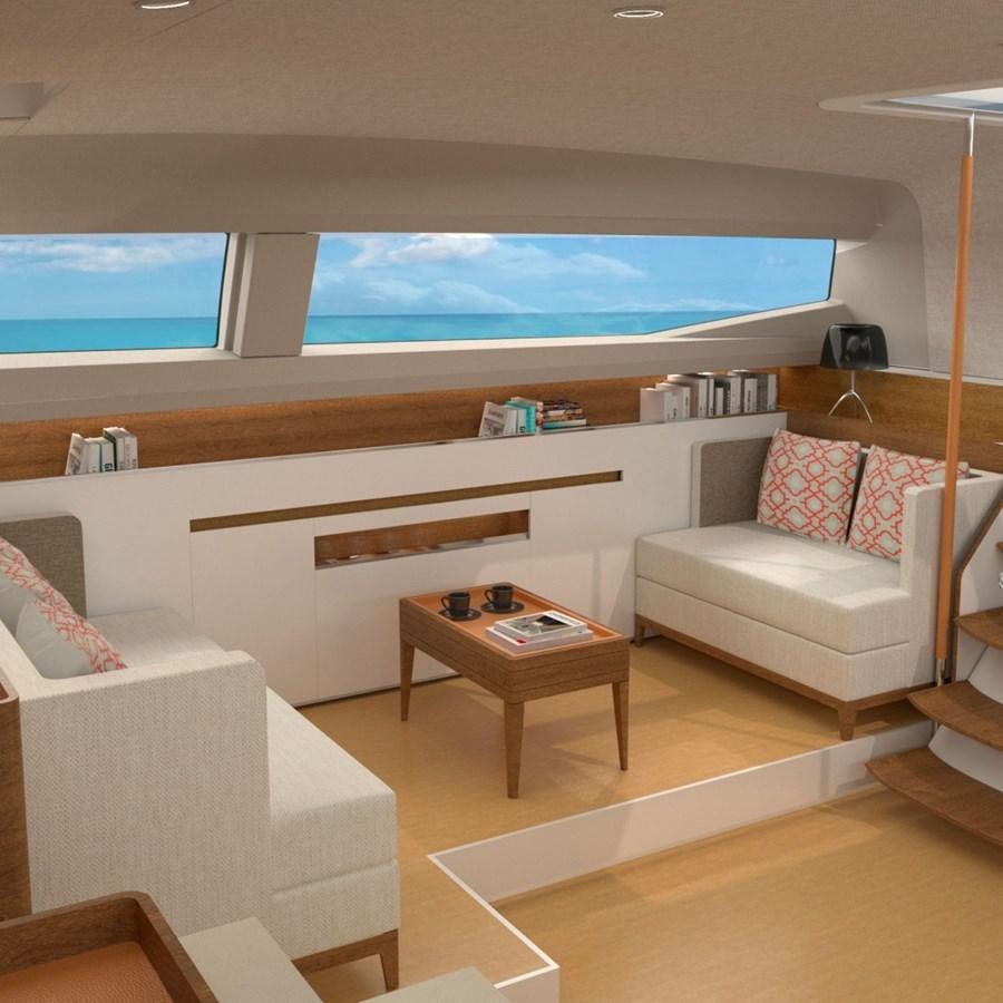 a living room with a large window aboard CNB 78 NEW ORDER Yacht for Sale