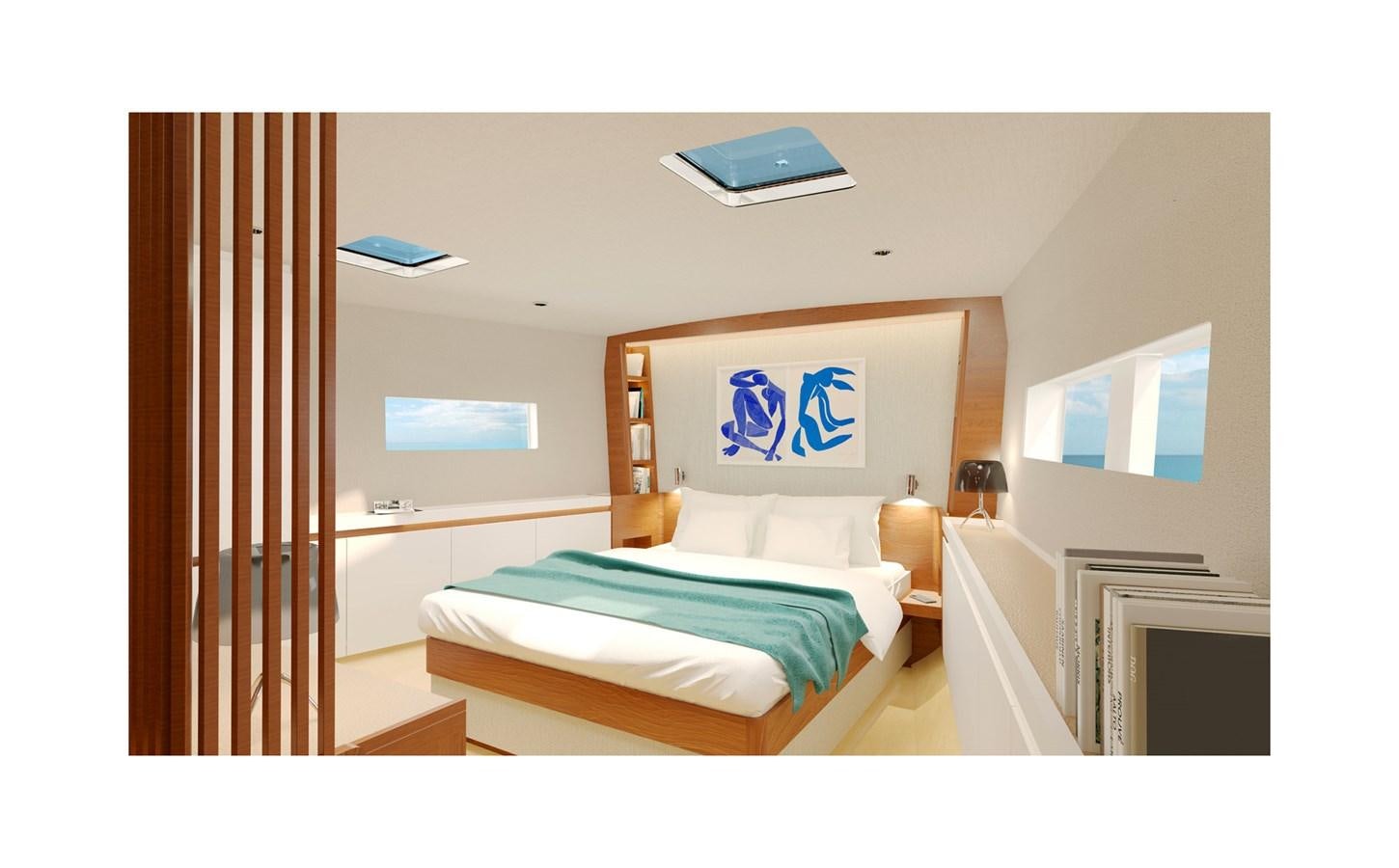 a room with a bed and a television on the wall aboard CNB 78 NEW ORDER Yacht for Sale