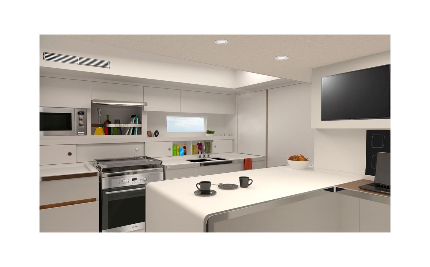 a kitchen with white cabinets aboard CNB 78 NEW ORDER Yacht for Sale