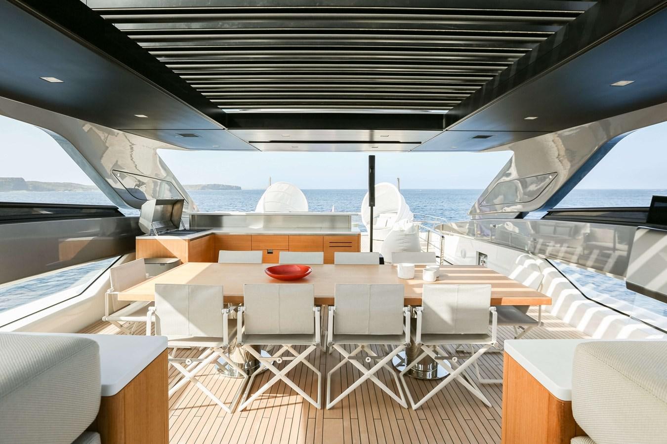 a boat with tables and chairs aboard 2022 SANLORENZO SL120A Yacht for Sale