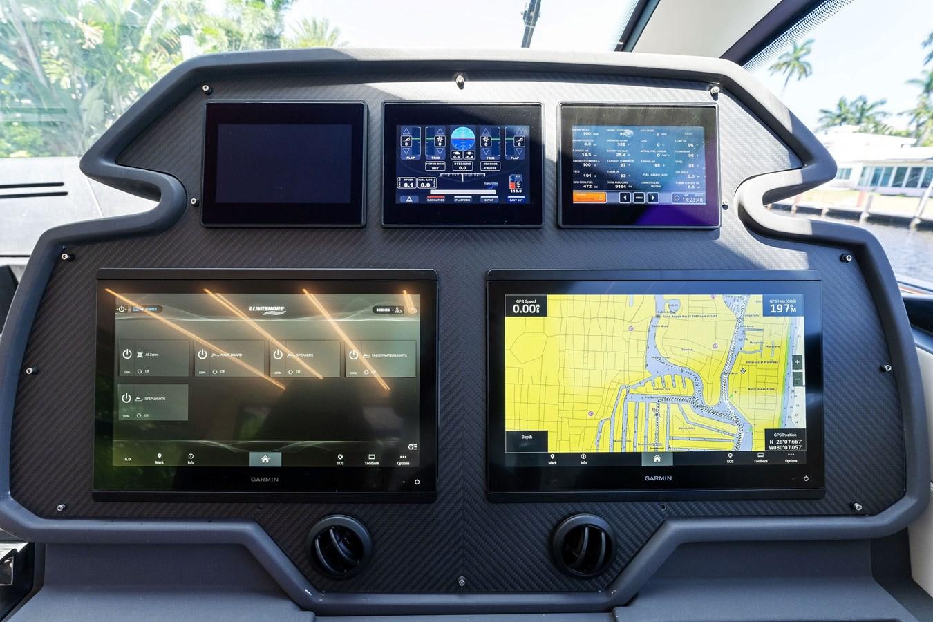 the inside of a car aboard LIQUID Yacht for Sale