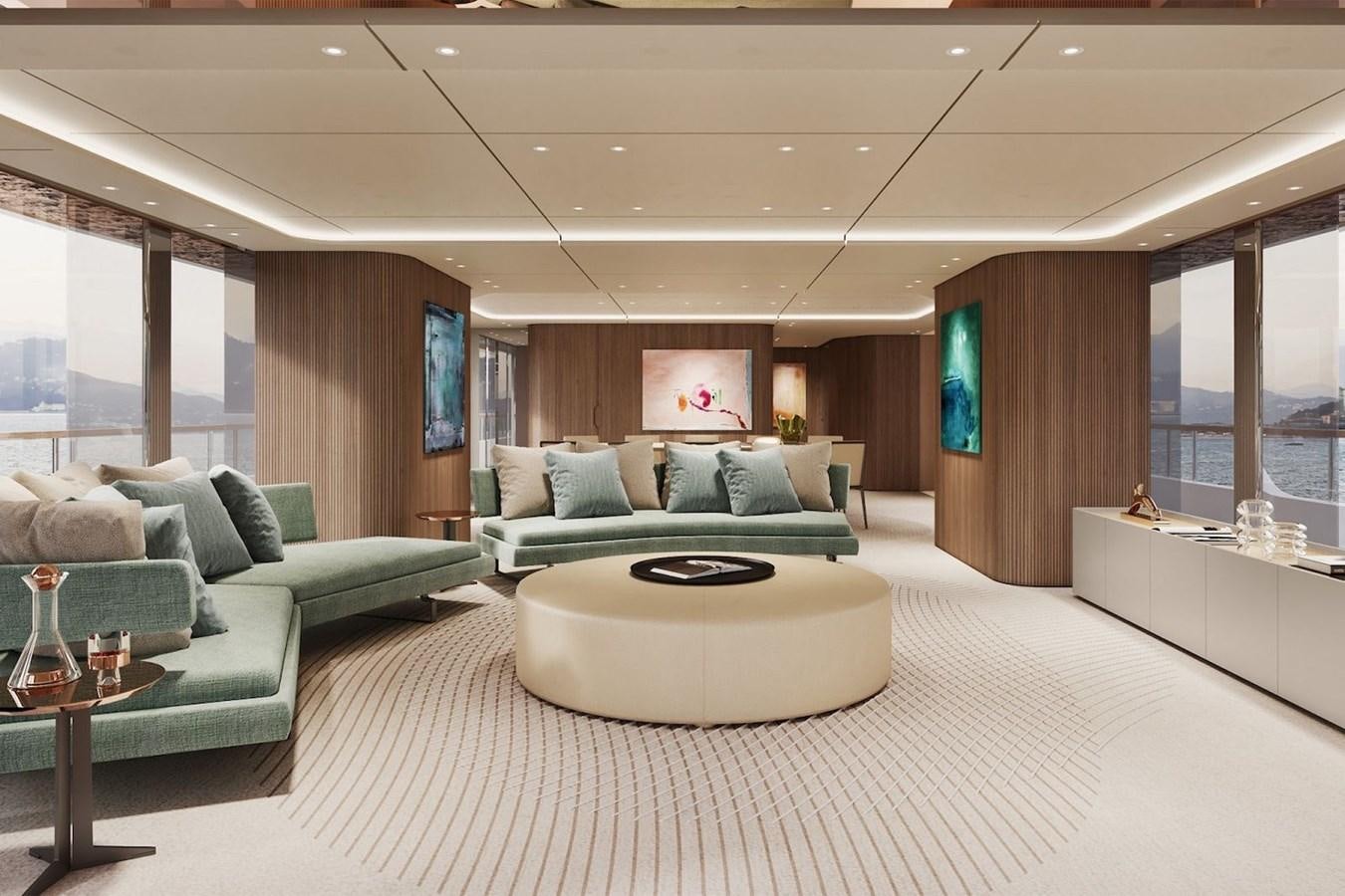 a living room with a large white bed and a large window aboard NAVETTA 50 Yacht for Sale