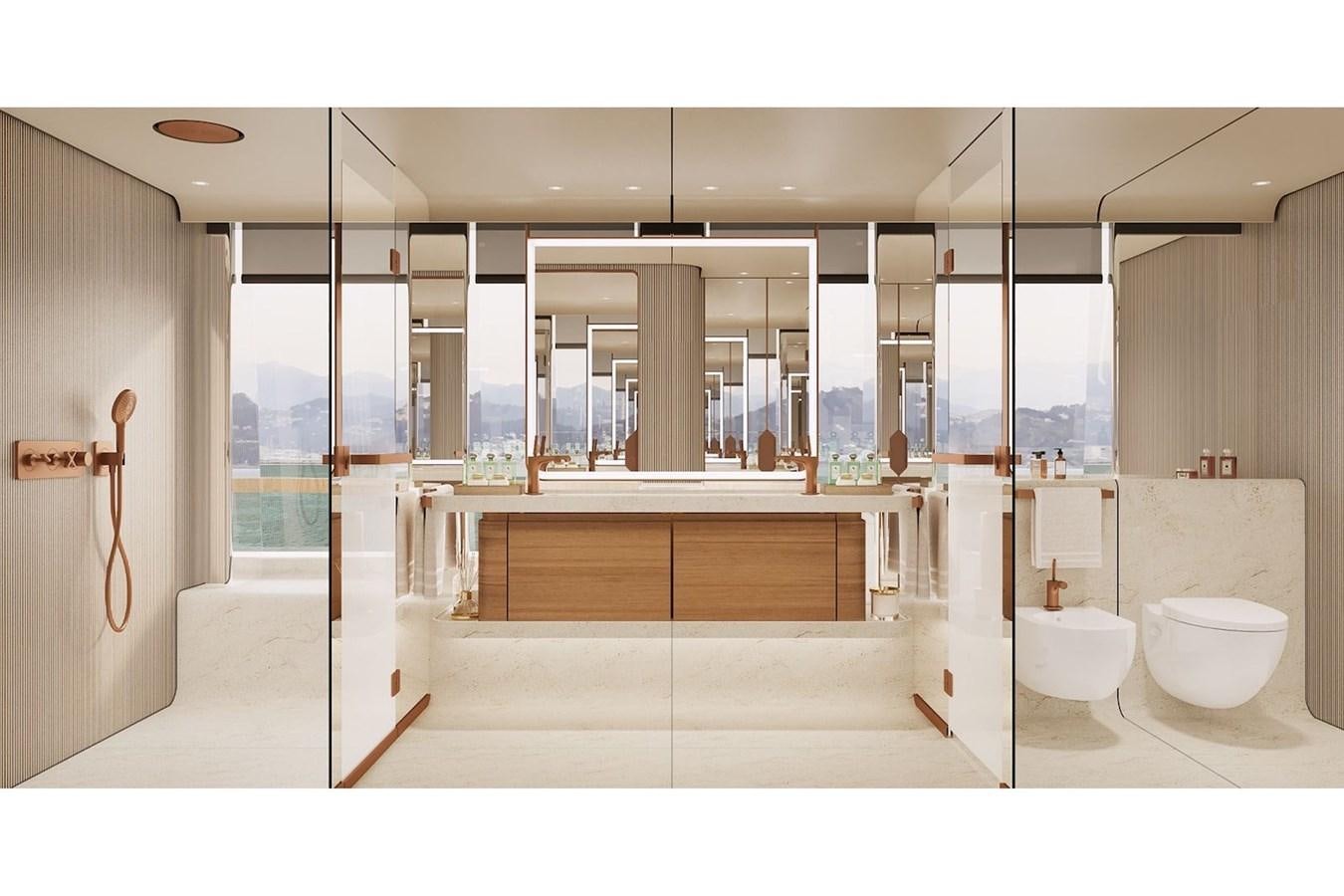 a bathroom with a large glass shower aboard NAVETTA 50 Yacht for Sale