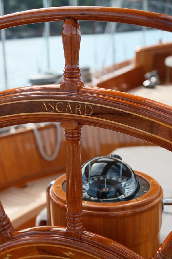 a wooden chair with a cat in it aboard ASGARD Yacht for Sale