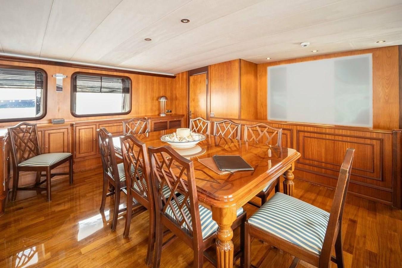 a dining room with a table and chairs aboard CLASSIC 40M BENETTI Yacht for Sale