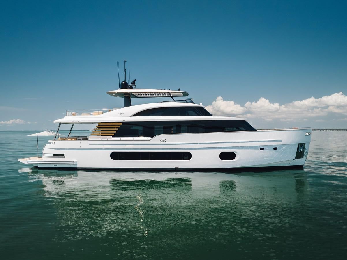 a white yacht on the water aboard EQUITES Yacht for Sale